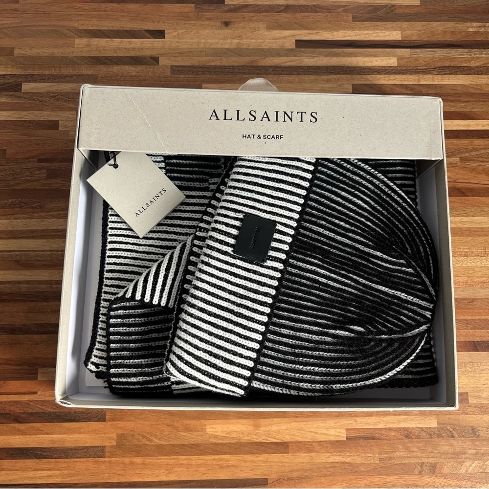 All Saints Black and White Striped Hat and Scarf Set